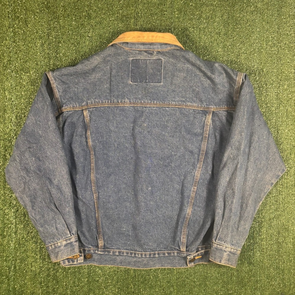 R.D. New York Denim Jacket Mens XL Blue Excellent Leather Collar Trucker - Picture 2 of 4